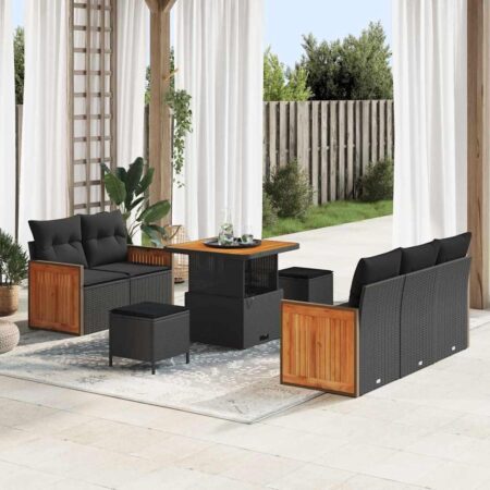 Havesofa sæt 8 dele i sort polyrattan med bord og opbevaring
