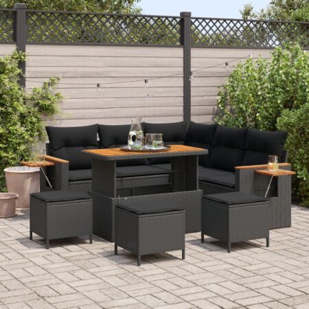 Havesofa sæt 8 dele i sort polyrattan med bord og puder