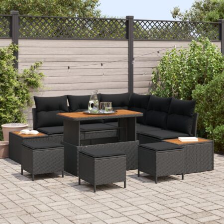 Havesofa sæt 8 dele i sort polyrattan med bord og skamler