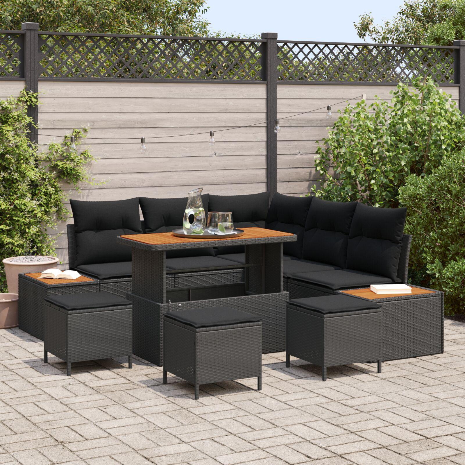 Havesofa sæt 8 dele i sort polyrattan med bord og skamler Havesofa sæt 8 dele i sort polyrattan med bord og skamler