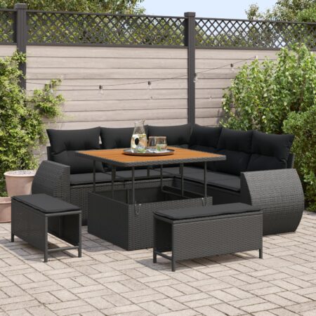 Havesofa sæt 8 dele i sort polyrattan med hæve-sænke bord