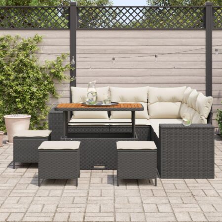 Havesofa sæt 8 dele i sort polyrattan med højdejusterbart bord