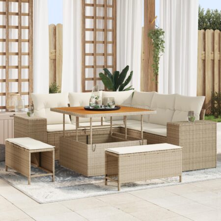 Havesofa sæt 8 dele med bord og opbevaring, 7 siddepladser, beige og creme polyrattan