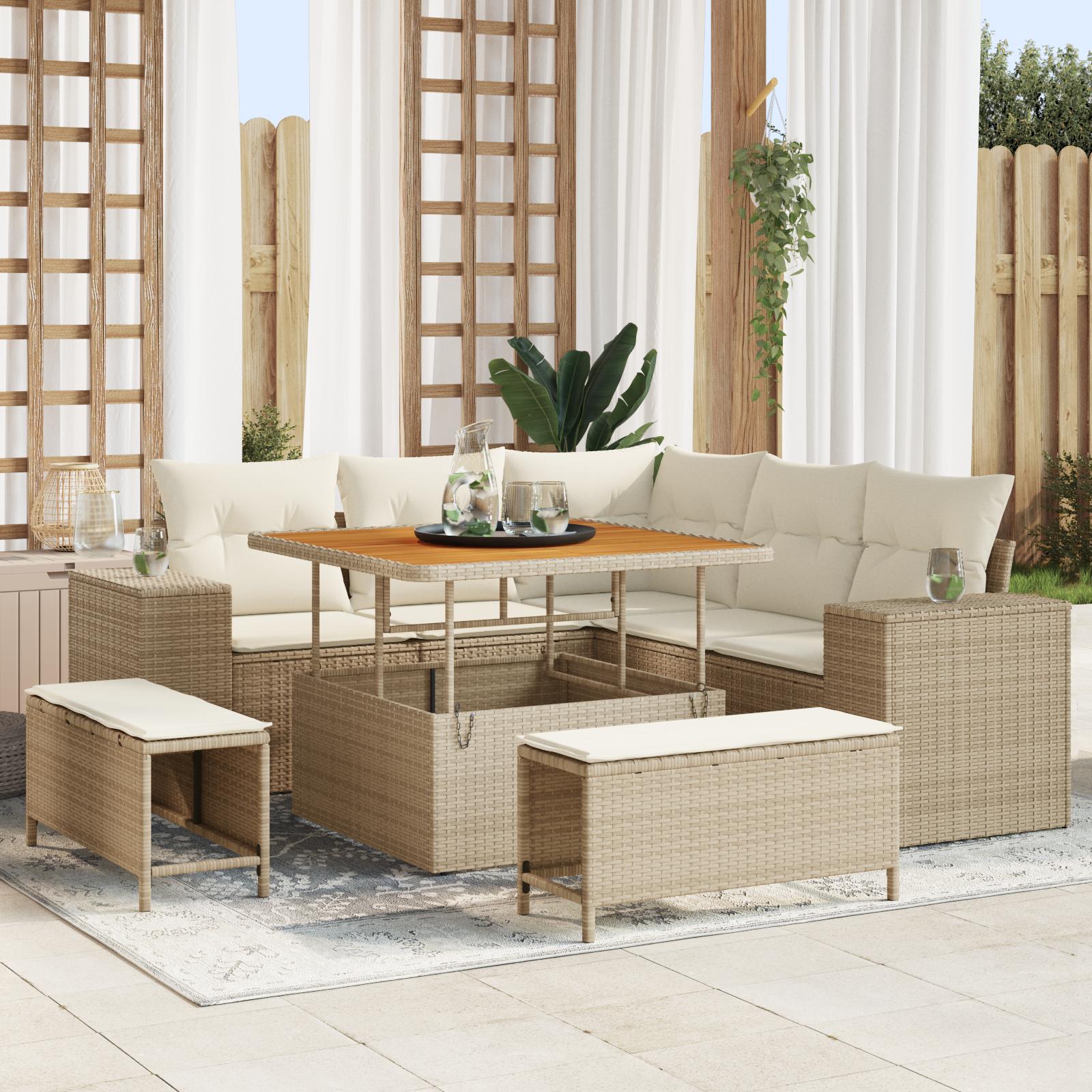 Havesofa sæt 8 dele med bord og opbevaring, 7 siddepladser, beige og creme polyrattan Havesofa sæt 8 dele med bord og opbevaring, 7 siddepladser, beige og creme polyrattan
