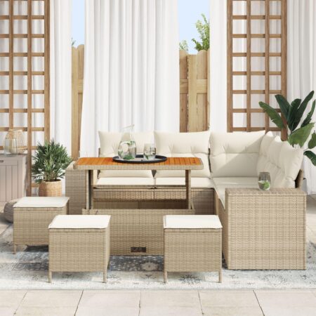 Havesofa sæt 8 dele med puder og højdejusterbart bord i beige polyrattan