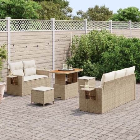 Havesofa sæt 8 dele med puder og højdejusterbart bord i beige polyrattan