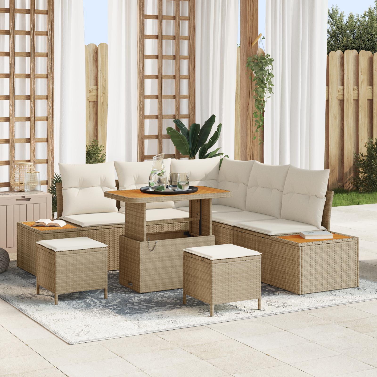 Havesofa sæt 8 dele til 7 personer i poly rattan med bord og skamler - beige Havesofa sæt 8 dele til 7 personer i poly rattan med bord og skamler - beige