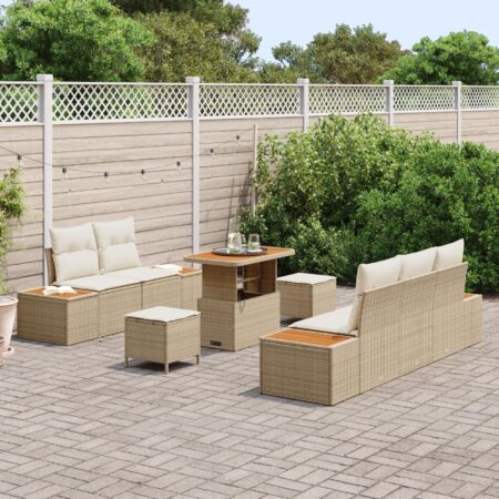 Havesofa sæt 8 stk i beige polyrattan med bord og hynder