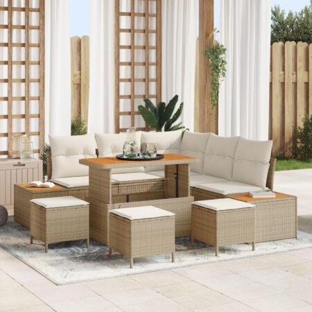 Havesofa sæt 8 stk i beige polyrattan med bord og puder