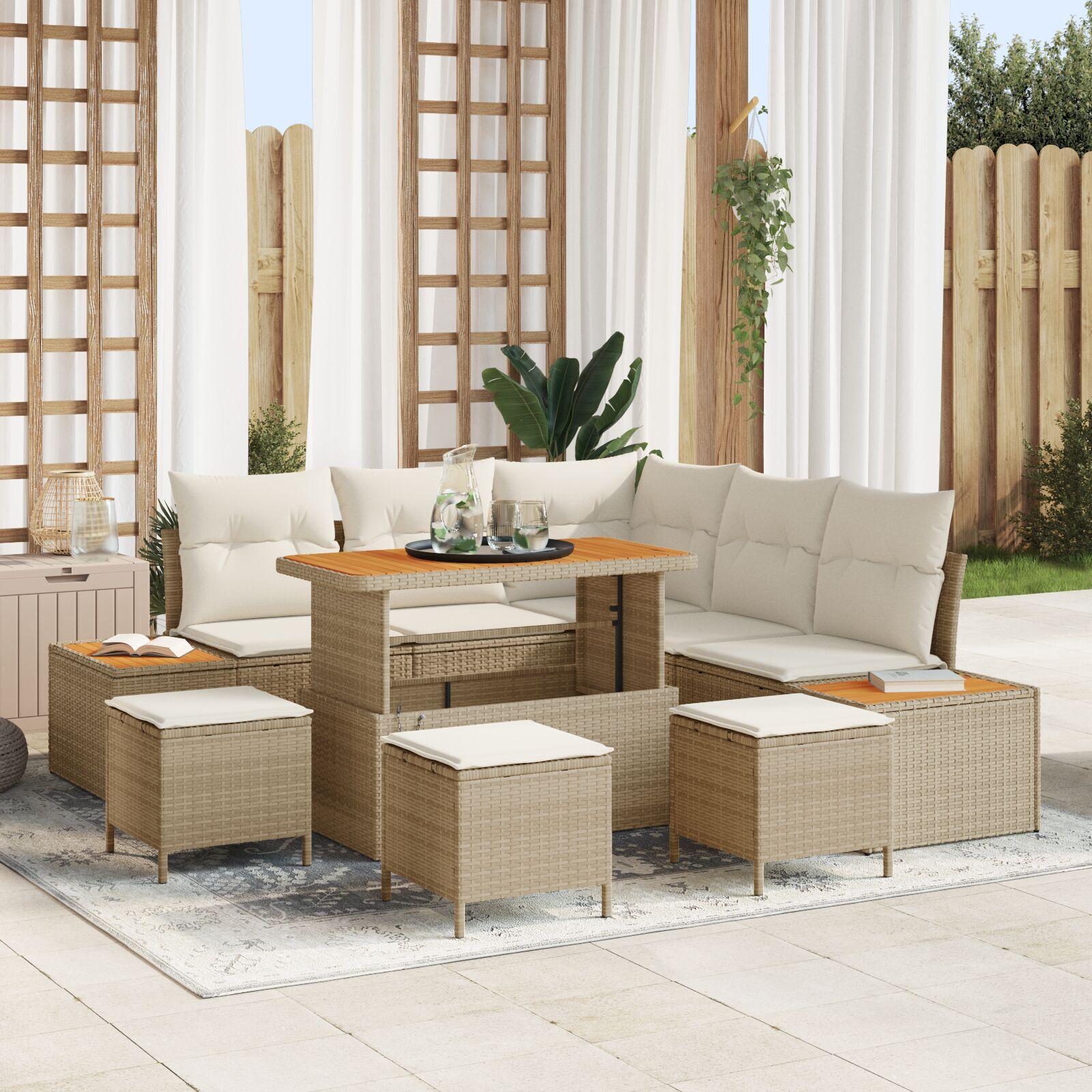 Havesofa sæt 8 stk i beige polyrattan med bord og puder Havesofa sæt 8 stk i beige polyrattan med bord og puder