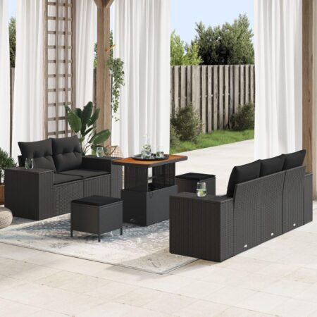 Havesofa sæt 8 stk i sort polyrattan med bord og opbevaring