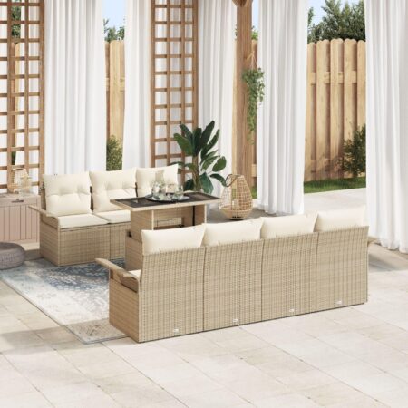 Havesofa sæt 8 stk med puder og højdejusterbart bord i beige polyrattan
