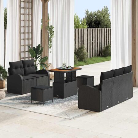 Havesofa sæt 8 stk med puder og højdejusterbart bord i sort polyrattan