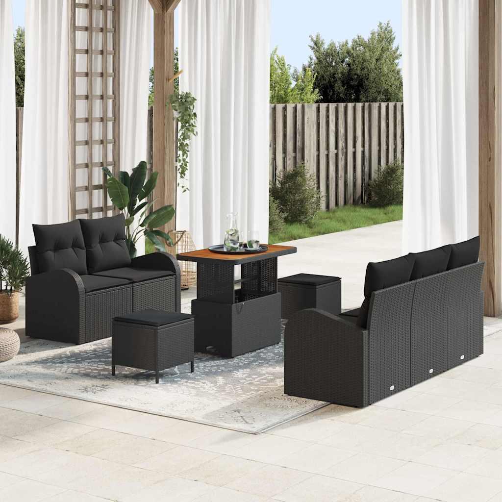 Havesofa sæt 8 stk med puder og højdejusterbart bord i sort polyrattan Havesofa sæt 8 stk med puder og højdejusterbart bord i sort polyrattan