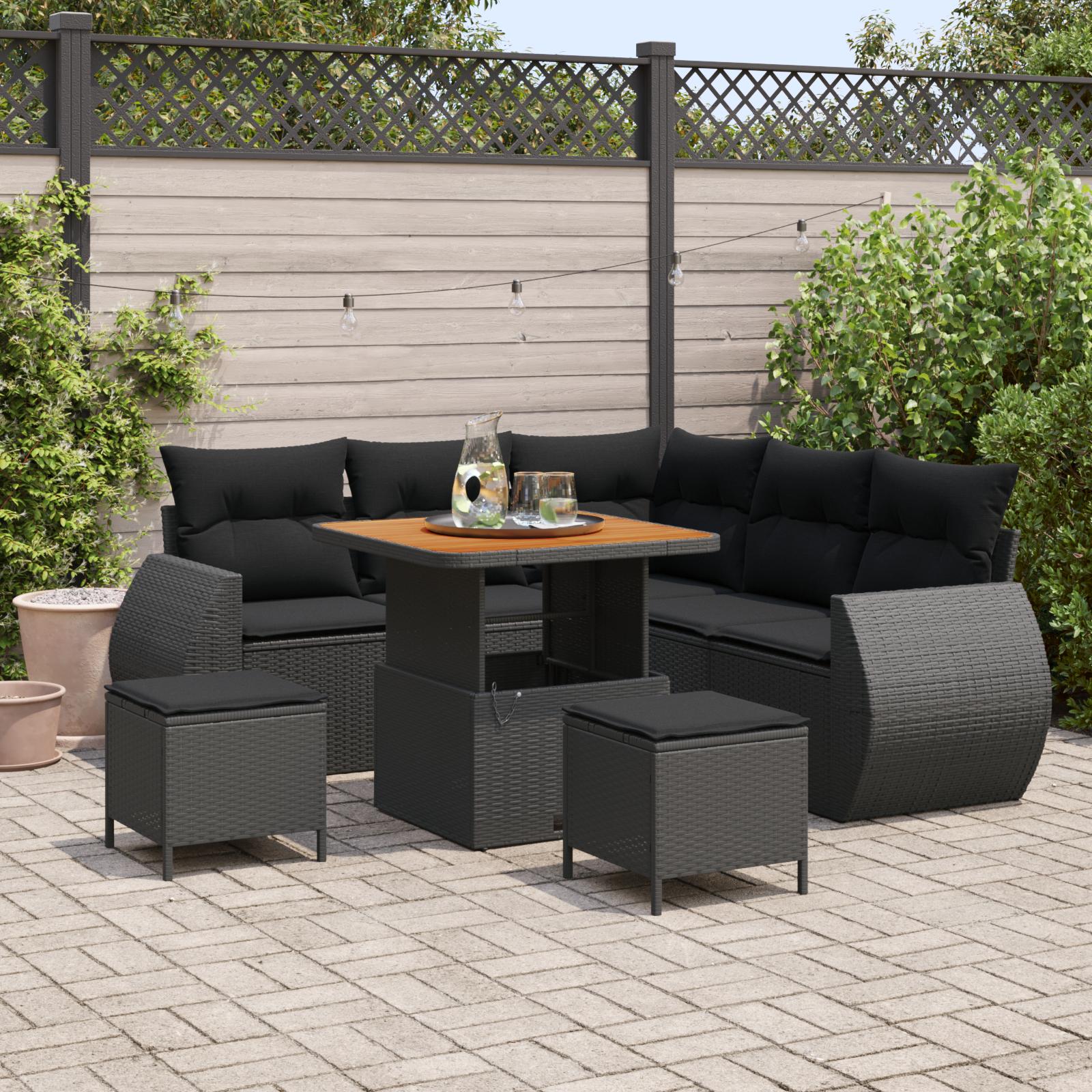 Havesofa sæt 8 stk sort polyrattan med justerbart bord Havesofa sæt 8 stk sort polyrattan med justerbart bord