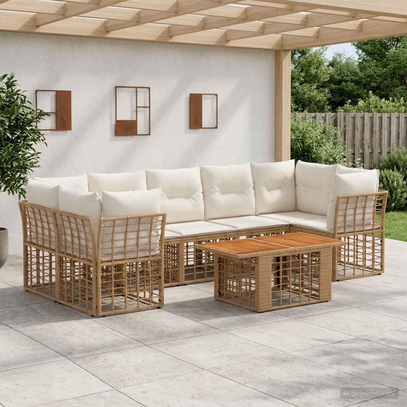 Havesofa sæt 8 stk. i polyrattan med bord - naturlig og cremehvid Havesofa sæt 8 stk. i polyrattan med bord - naturlig og cremehvid
