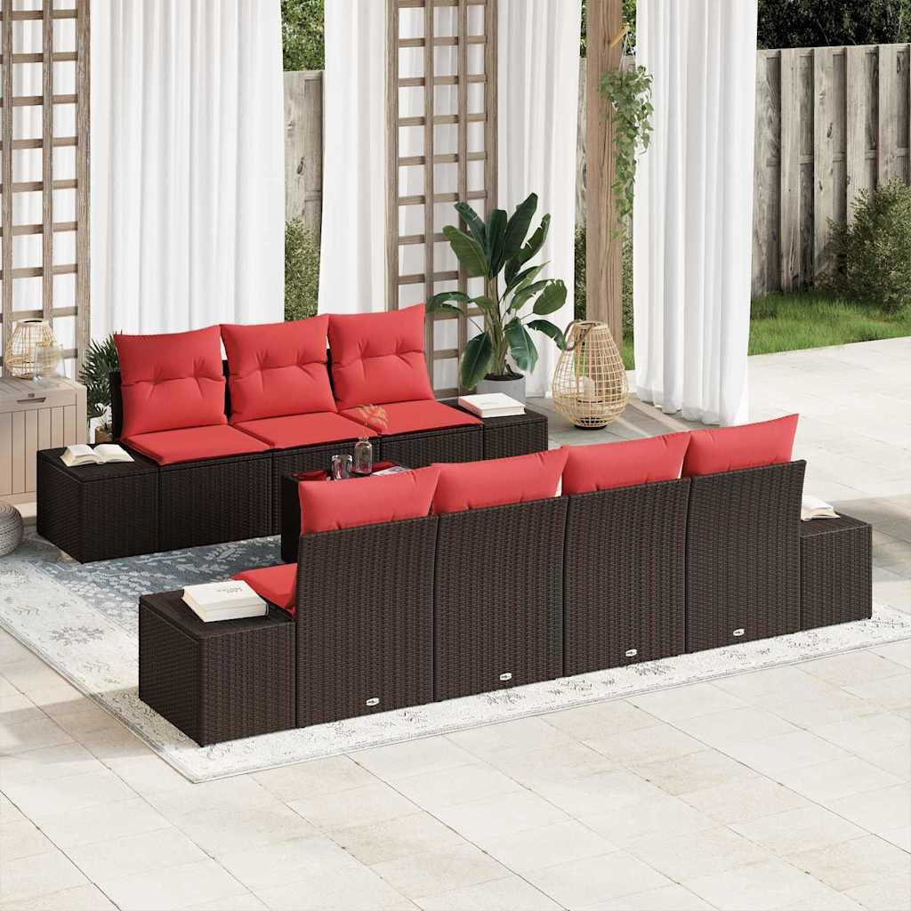 Havesofa sæt 8 stk. i polyrattan med justerbart bord - beige/rød Havesofa sæt 8 stk. i polyrattan med justerbart bord - beige/rød