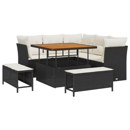 Havesofa sæt 8 stk. i sort polyrattan med højdejusterbart bord