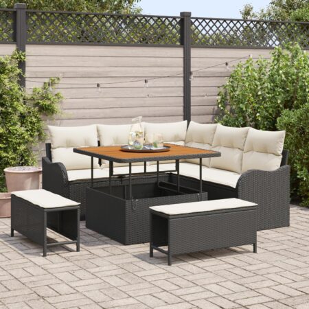 Havesofa sæt 8 stk. sort polyrattan med højdejusterbart bord