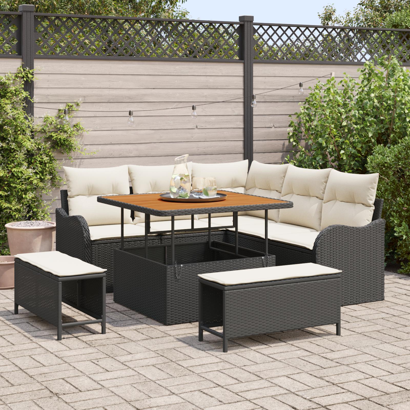 Havesofa sæt 8 stk. sort polyrattan med højdejusterbart bord Havesofa sæt 8 stk. sort polyrattan med højdejusterbart bord