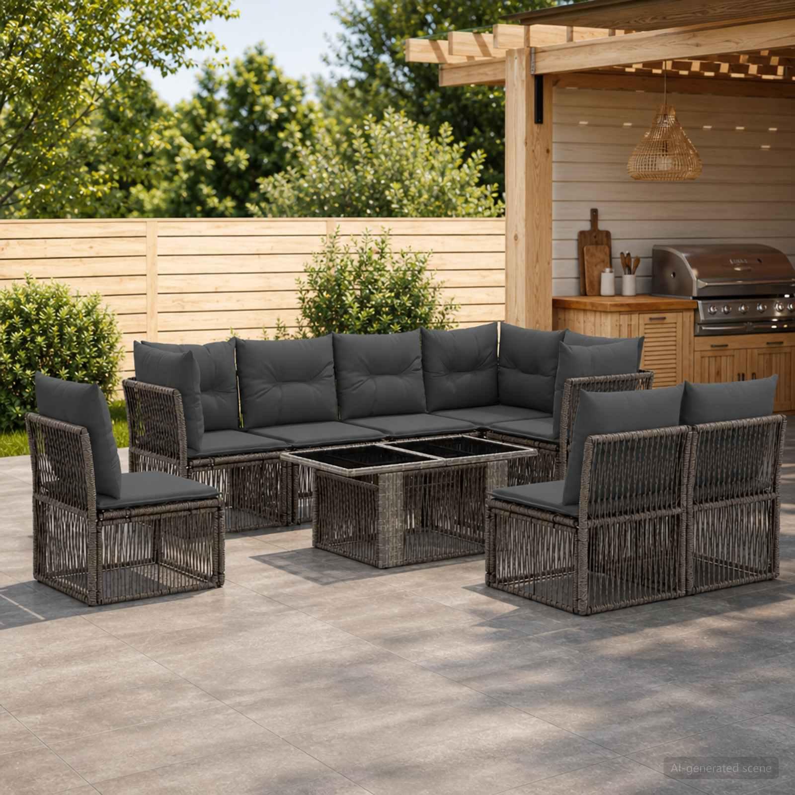 Havesofa sæt 9 dele i grå polyrattan med justerbart bord Havesofa sæt 9 dele i grå polyrattan med justerbart bord