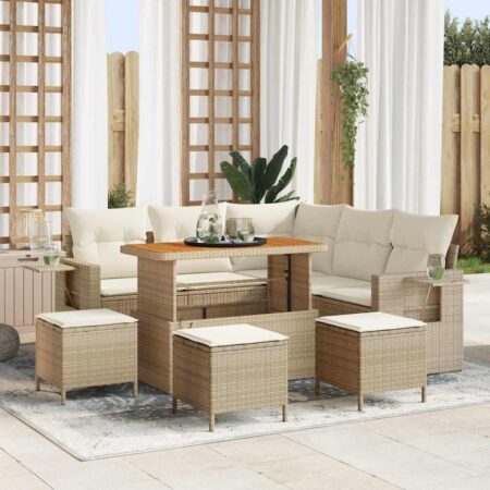 Havesofa sæt 9 dele med puder og højdejusterbart bord - beige polyrattan