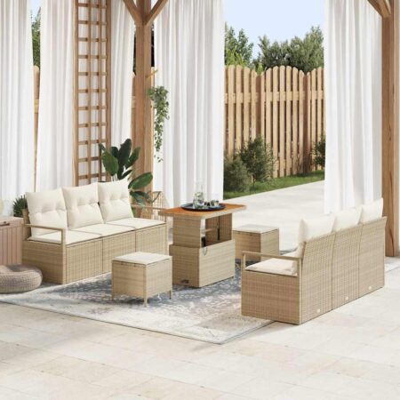 Havesofa sæt 9 stk med puder og højdejusterbart bord beige polyrattan
