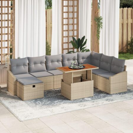 Havesofa sæt 9 stk. i beige polyrattan med højdejusterbart bord