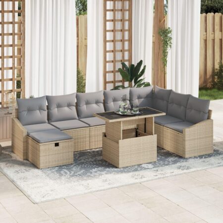Havesofa sæt 9 stk. i beige polyrattan med højdejusterbart bord