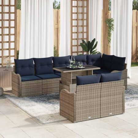 Havesofa sæt 9 stk. i grå polyrattan med bord og marineblå puder
