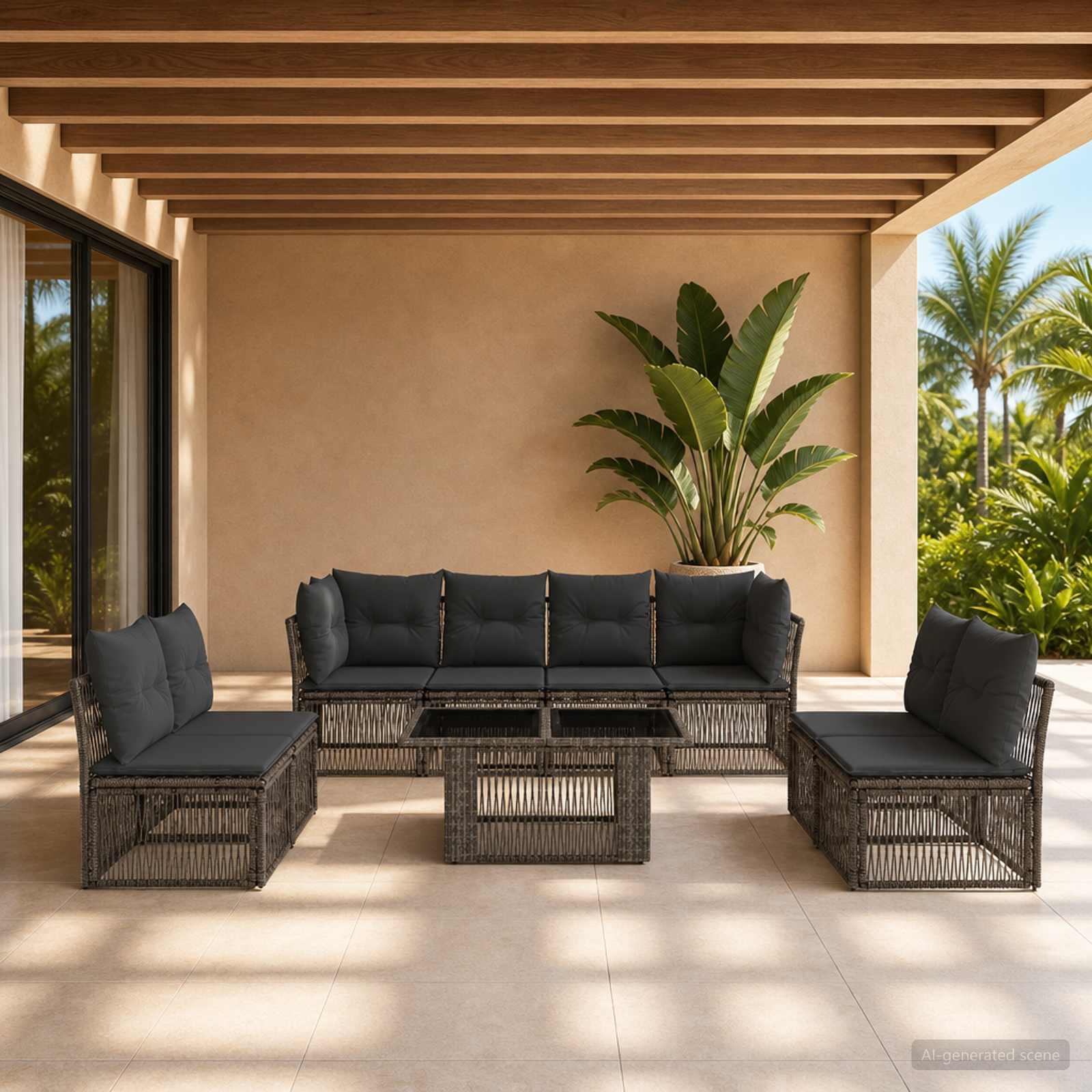 Havesofa sæt 9 stk. i grå polyrattan med bord Havesofa sæt 9 stk. i grå polyrattan med bord