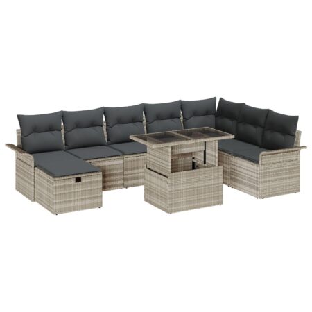 Havesofa sæt 9 stk. i lysegrå polyrattan med justerbart bord