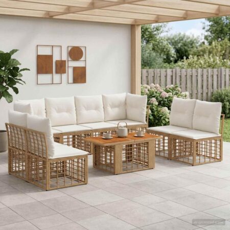Havesofa sæt 9 stk. i polyrattan med bord - naturlig og cremehvid