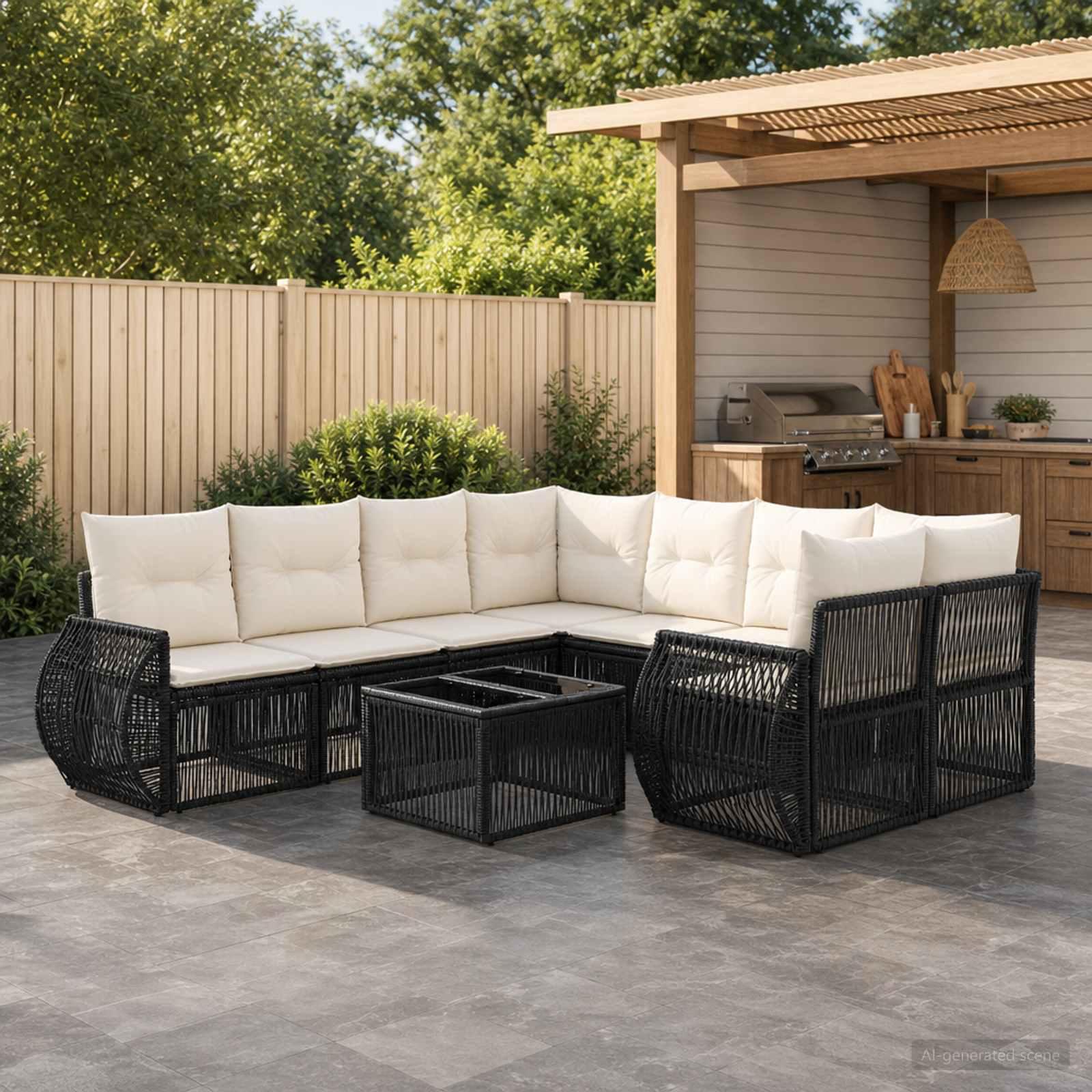 Havesofa sæt 9 stk. i sort polyrattan med bord Havesofa sæt 9 stk. i sort polyrattan med bord