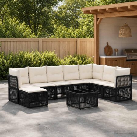 Havesofa sæt 9 stk. i sort polyrattan med loungebord
