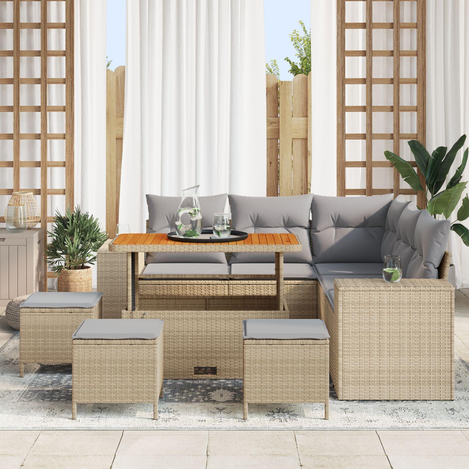 Havesofa sæt i beige polyrattan - 8 dele med puder og højdejusterbart bord Havesofa sæt i beige polyrattan - 8 dele med puder og højdejusterbart bord
