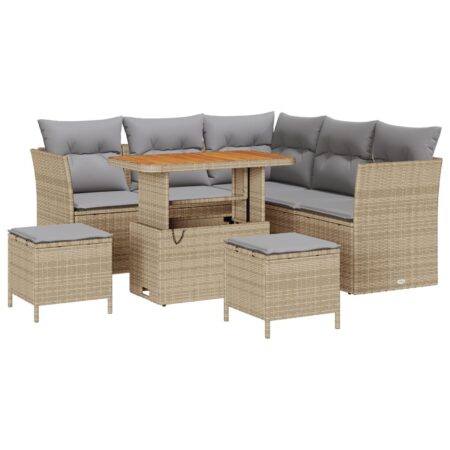 Havesofa sæt i beige polyrattan - 8 dele, modulært med justerbart bord