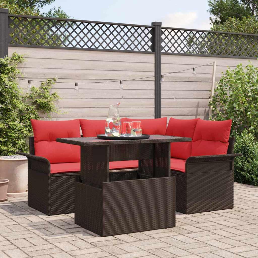 Havesofa sæt i brun polyrattan med puder - 5 dele, modulært og med højdejusterbart bord Havesofa sæt i brun polyrattan med puder - 5 dele, modulært og med højdejusterbart bord