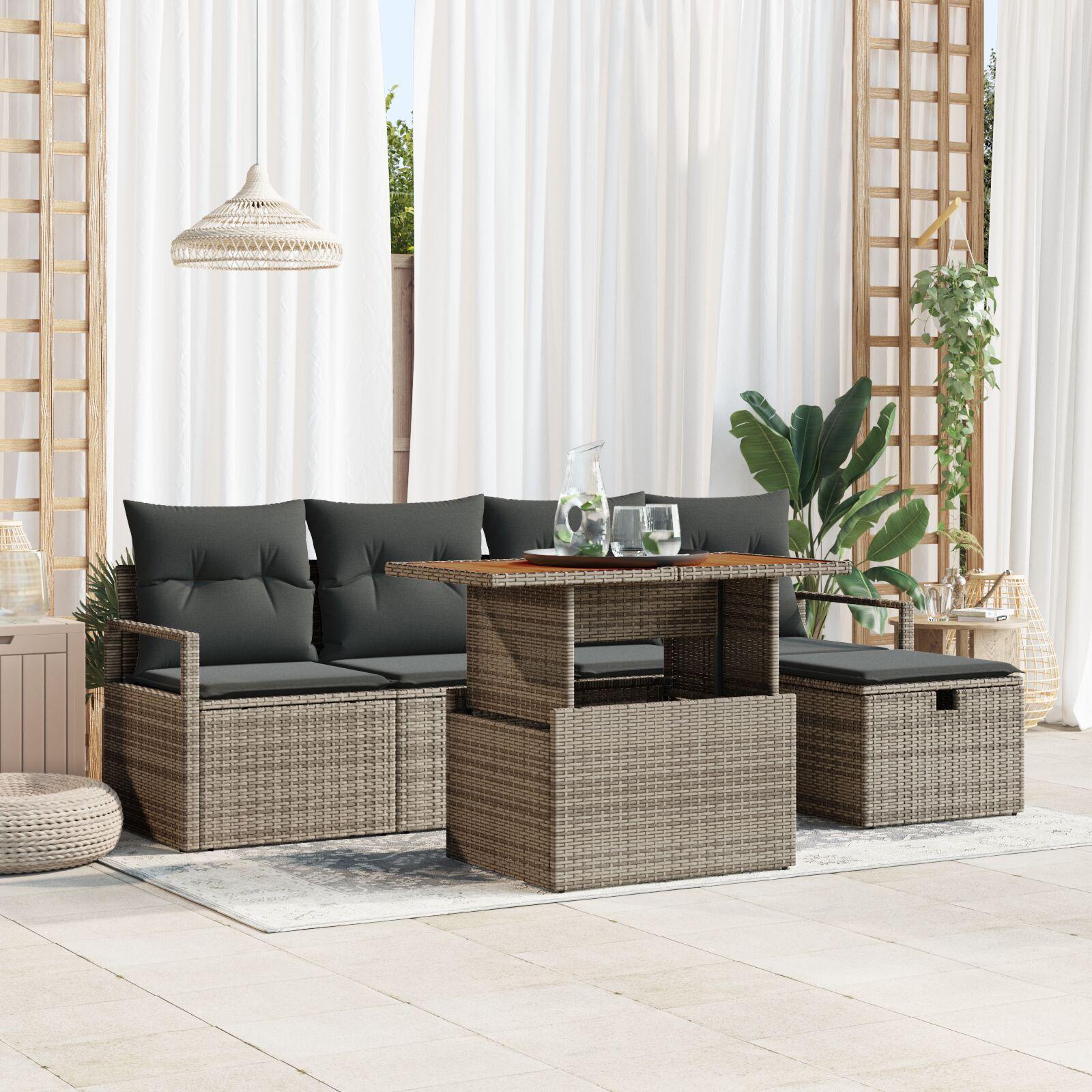 Havesofa sæt i grå polyrattan - 6 dele med bord og fodskammel Havesofa sæt i grå polyrattan - 6 dele med bord og fodskammel