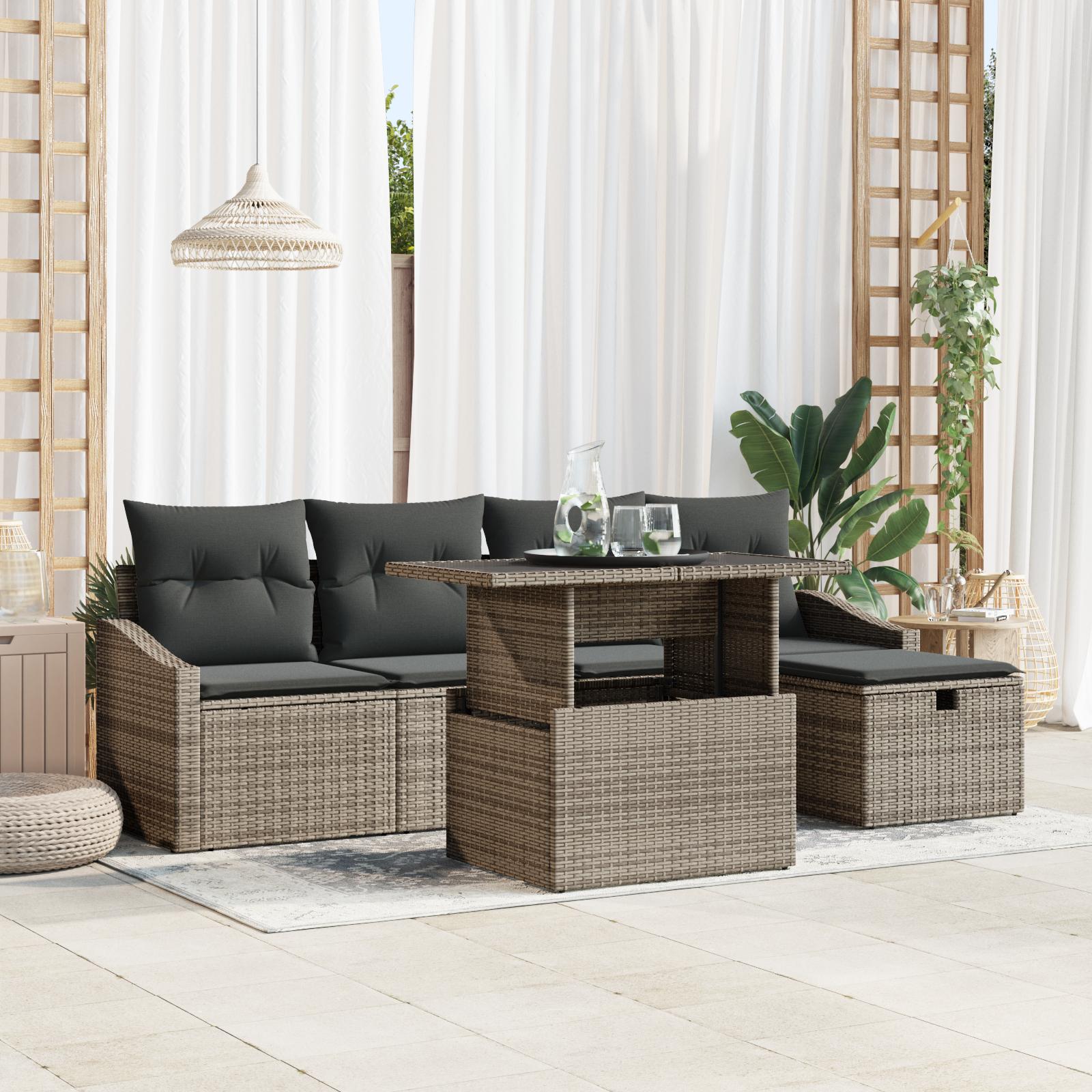 Havesofa sæt i grå polyrattan - 6 dele med justerbart bord og opbevaring Havesofa sæt i grå polyrattan - 6 dele med justerbart bord og opbevaring