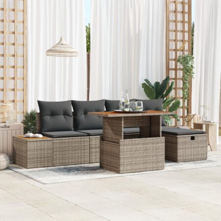 Havesofa sæt i grå polyrattan - 6 dele, modulopbygget med bord