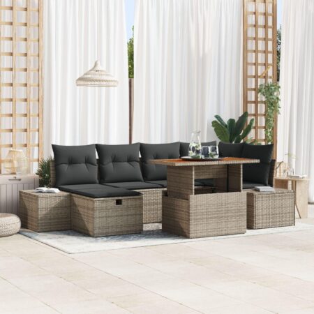Havesofa sæt i grå polyrattan - 7 dele med bord og hynde