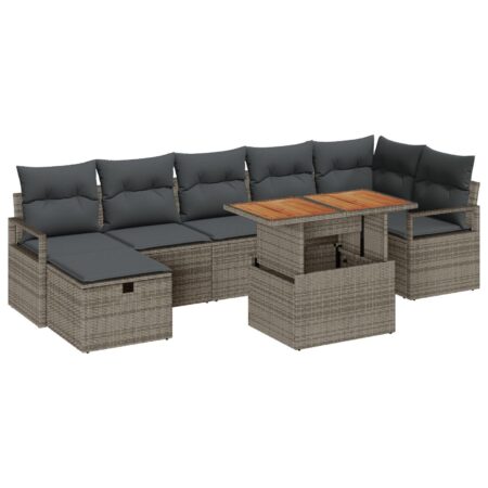 Havesofa sæt i grå polyrattan - 8 dele med bord og hyndekomfort