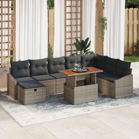 Havesofa sæt i grå polyrattan - 9 dele, højdejusterbart bord