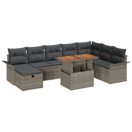 Havesofa sæt i grå polyrattan - 9 dele med bord og hynder