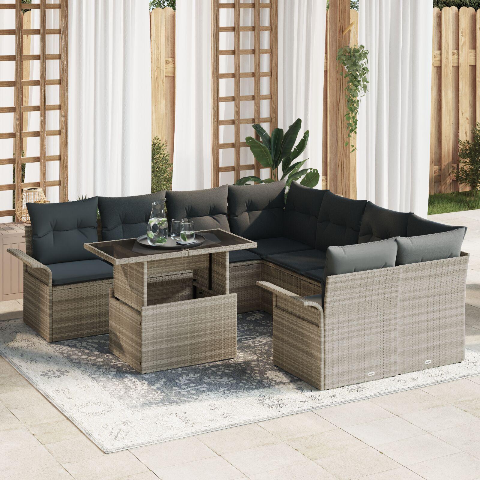 Havesofa sæt i lysegrå polyrattan - 9 dele med højdejusterbart bord Havesofa sæt i lysegrå polyrattan - 9 dele med højdejusterbart bord