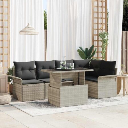 Havesofa-sæt i lysegrå polyrattan med puder - 6 dele, modulopbygget og højdejusterbart bord