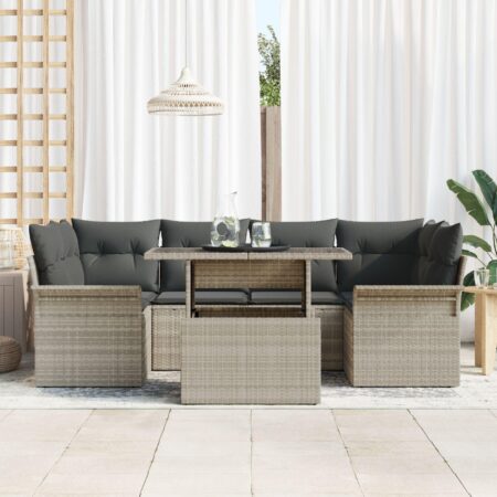 Havesofa-sæt i polyrattan, 7 dele - lysegrå, modulært med højdejusterbart bord