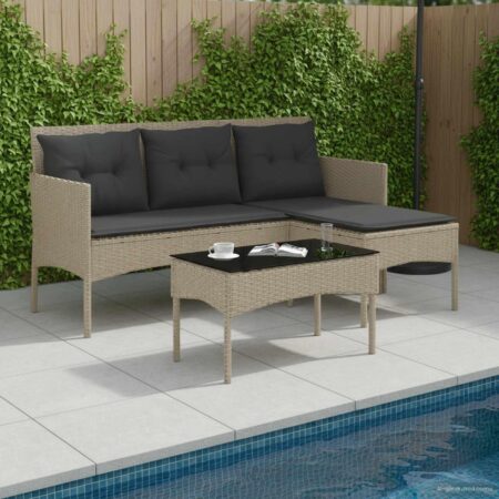 Havesofa sæt i polyrattan med bord og puder - L-formet, lysegrå