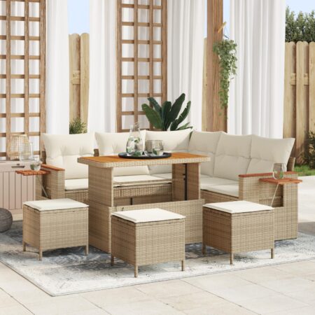 Havesofa sæt i polyrattan til 9 personer med bord og skamler - beige og creme